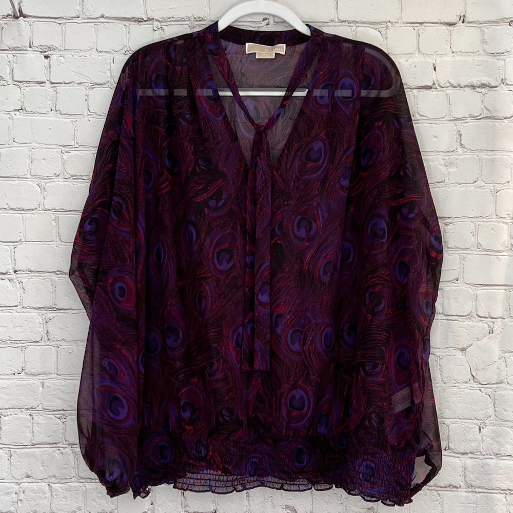 Michael Kors Peacock Feathers Print Sheer Blouse